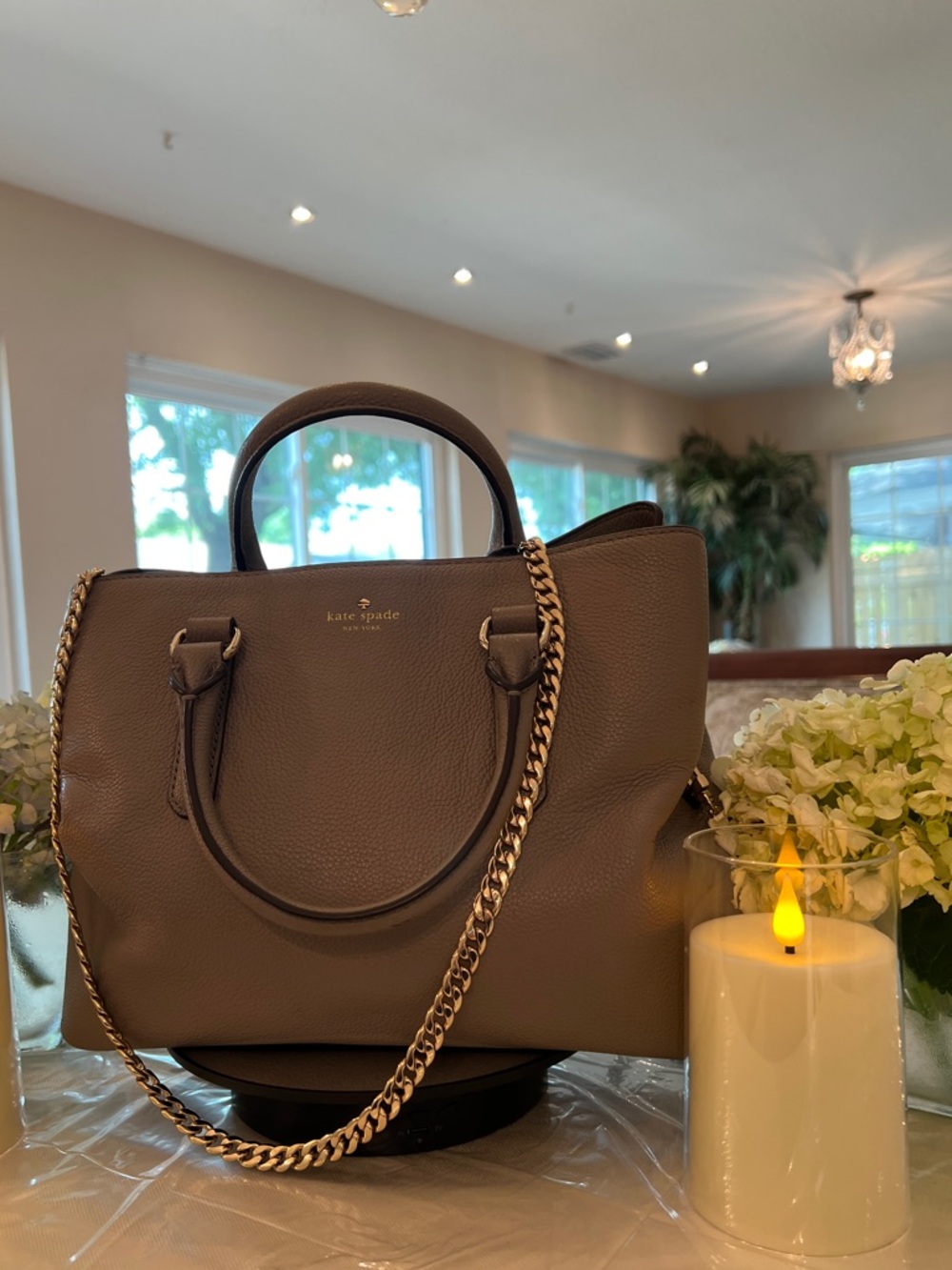 Kate Spade New York Taupe Pebbled Leather Satchel Gold Chain Shoulder Bag